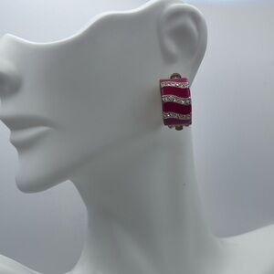 Vintage Cherry Red Enamel & Crystal Wavy Clip-On Hoop Earrings